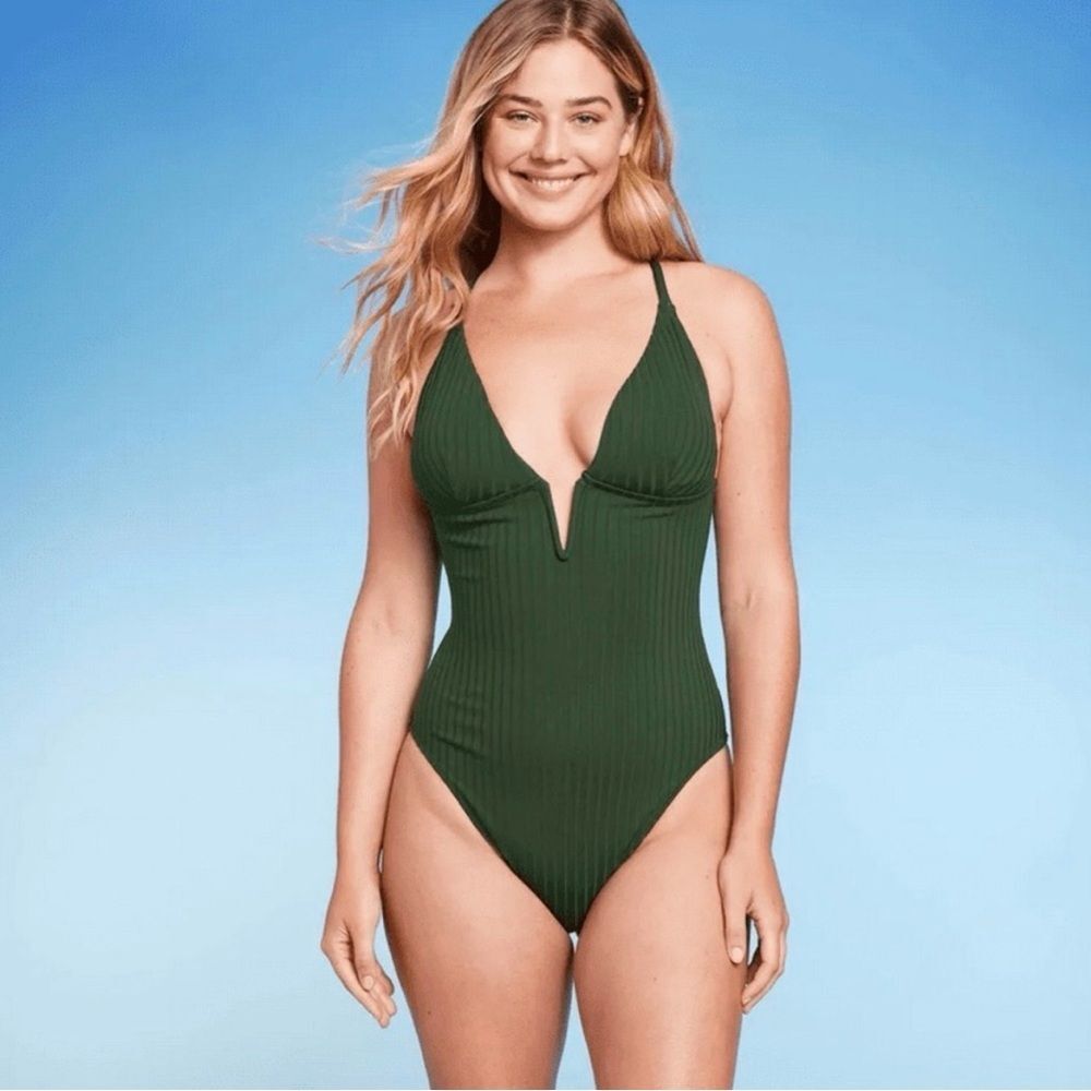Shade & Shore Ribbed Plunge Front V-Wire One Piece Swimsuit Size XL